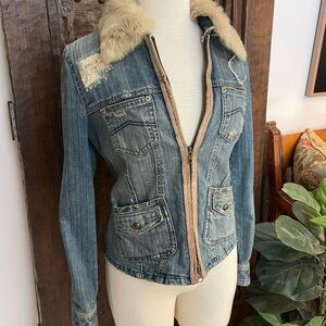 Armani Exchange Blue Denim Jacket with Removable Real Fur Collar